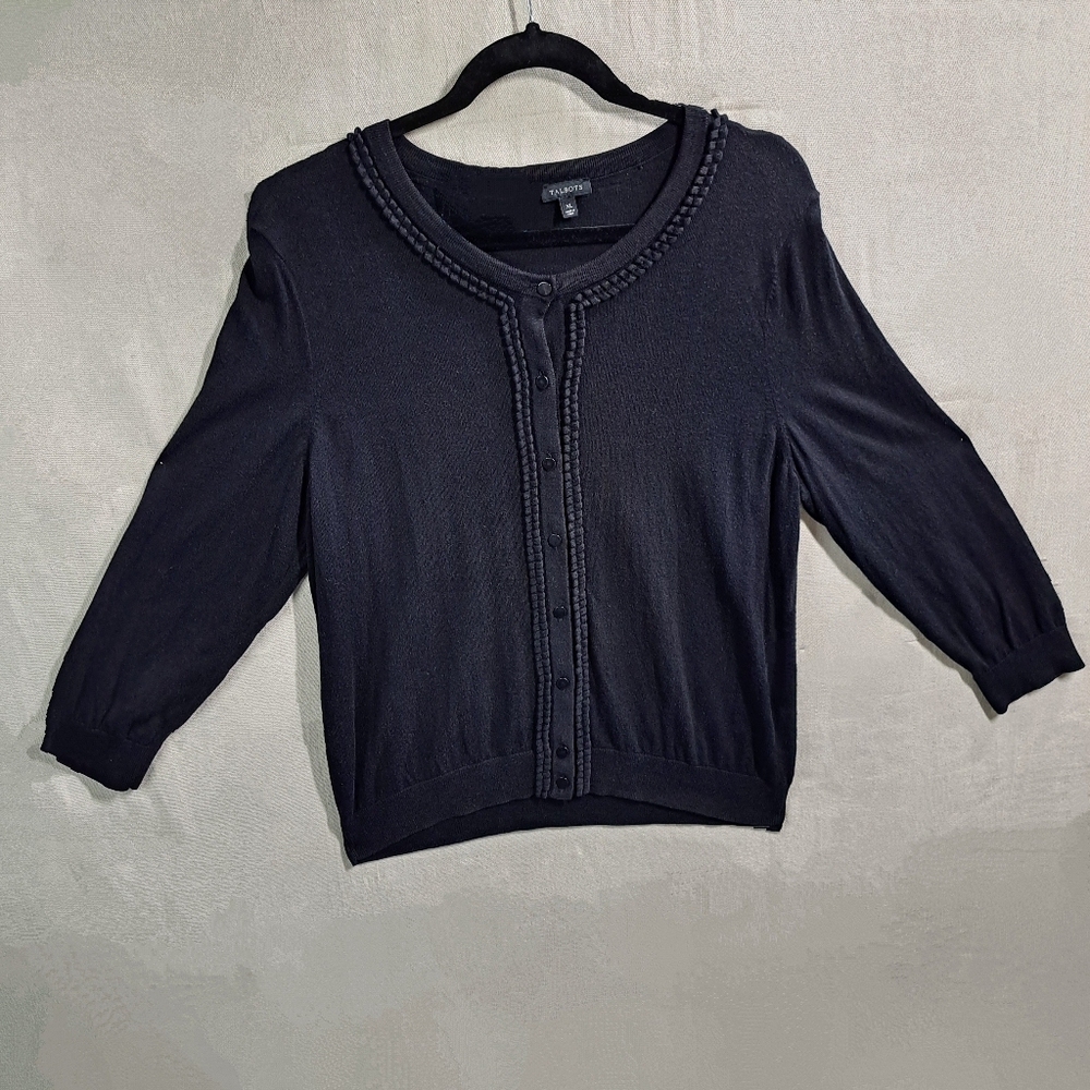 Talbots Women XL Black Button Up Double Loop Trim Knit Cardigan Sweater